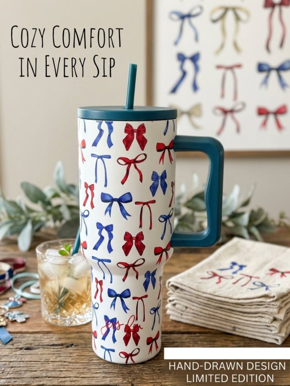 Little Miss Independence Cup Bow Pattern Travel Tumbler - Blue Handle
